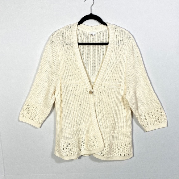 J. Jill 3/4 Sleeve Cream Cotton Knit One Button Cardigan size 2X - Picture 1 of 12